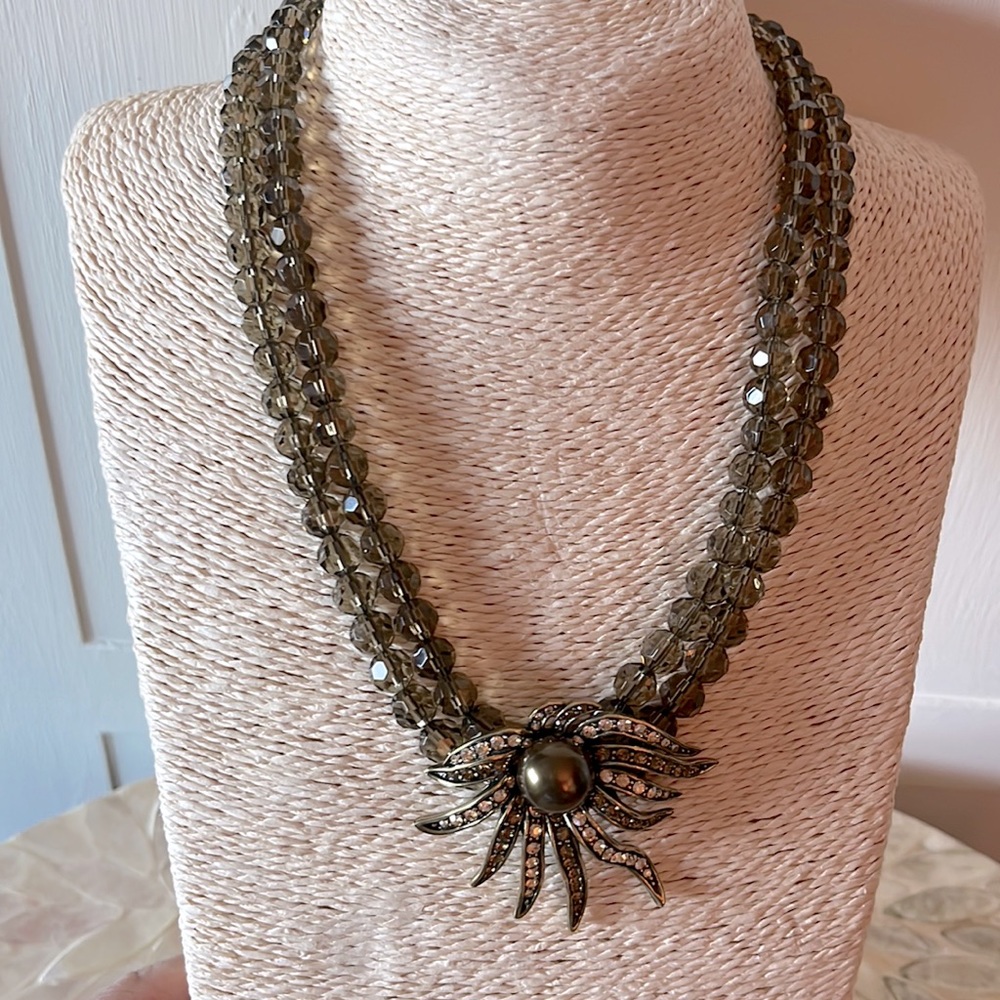 Heidi Daus Sublime Star Three Strand Green Faux Pearl Crystal Necklace